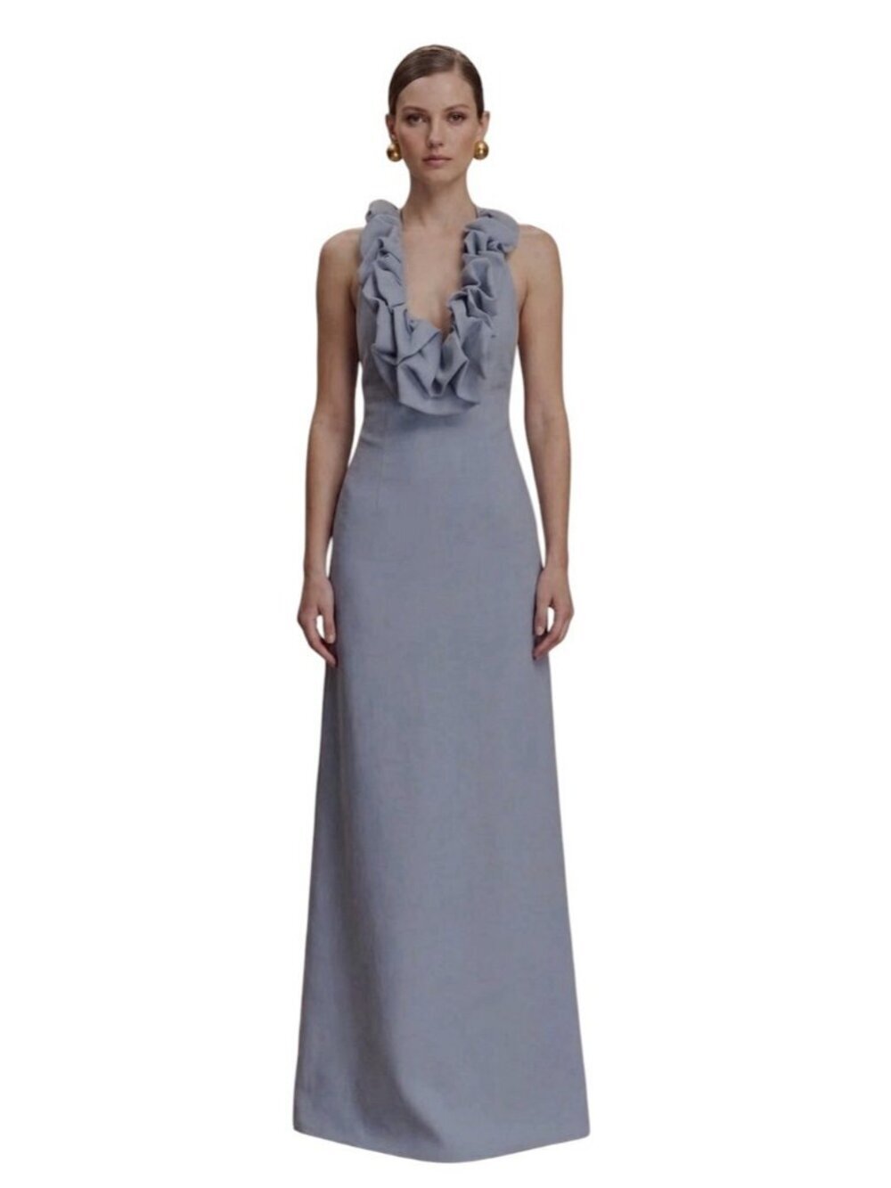 MESHKI Carolyn Linen Bubble Maxi Dress Misty Blue Size XXS NWT Backless Ruffle